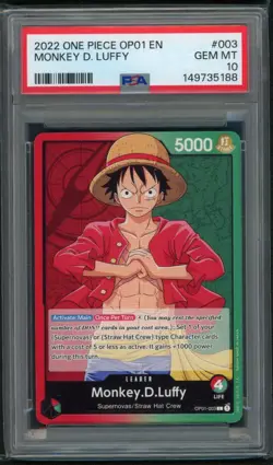 2022 ONE PIECE OP01 ROMANCE DAWN EN 003 MONKEY D. LUFFY PRE ERRATA LEADER PSA 10 - Image 1