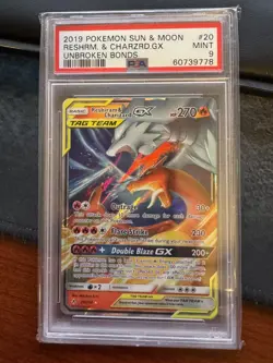 2019 POKEMON SUN & MOON UNBROKEN BONDS #20 RESHIRAM & CHARIZARD GX PSA 9 - Image 1