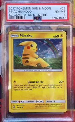 2017 Pokemon Shining Legends 28 Pikachu Cosmos Holo Kanto 5-Tin French Ex PSA 8 - Image 1