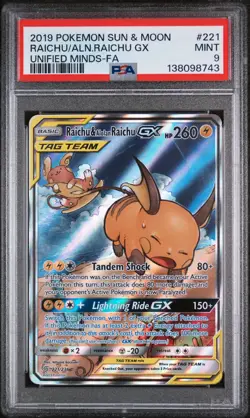 2019 POKEMON SUN & MOON UNIFIED MINDS FULL ART/RAICHU & ALOLAN RAICHU GX PSA 9 - Image 1