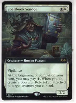 MTG Wilds Of Eldraine Foil Extended Art Card #327 Spellbook Vendor - Image 1