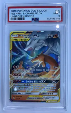 2019 Pokemon Sun Moon Unbroken Bonds Reshiram Charizard GX #20/214 PSA 9 - Image 1