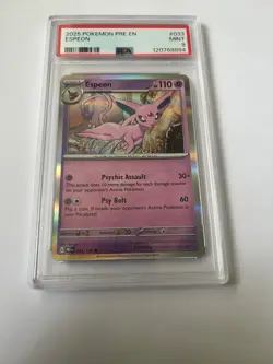 2025 POKEMON PRE EN-PRISMATIC EVOLUTIONS REVERSE HOLO #033 ESPEON PSA 9 - Image 1