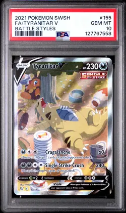 2021 POKEMON SWORD & SHIELD BATTLE STYLES #155 FULL ART/TYRANITAR V PSA 10 - Image 1