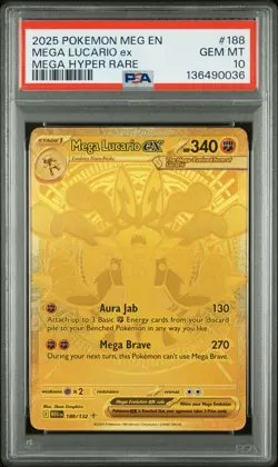 2025 Pokemon Mega Evolution #188 Mega Lucario Ex Mega Hyper Rare PSA 10 - Image 1