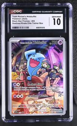 2025 POKEMON DESTINED RIVALS ETB TEAM ROCKET'S WOBBUFFET 203 PROMO CGC 10 - Image 1