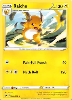 Raichu 066/202 Rare Sword & Shield Pokemon Lightly Played - Image 1