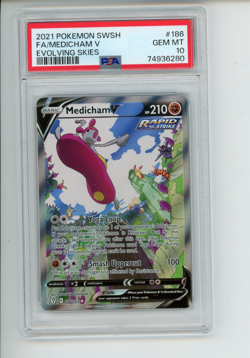 2021 Pokemon Evolving Skies Medicham V 186/203 Full Art Rare PSA 10 (280) - Image 1
