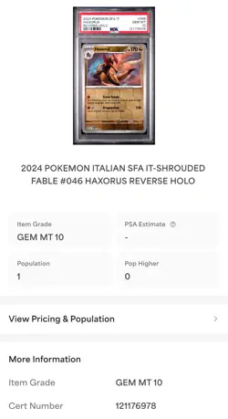 2024 POKEMON SFA ITALIAN IT 1/1 SHROUDED FABLE #046 HAXORUS PSA 10 Pop 1 💎💎💎 - Image 3