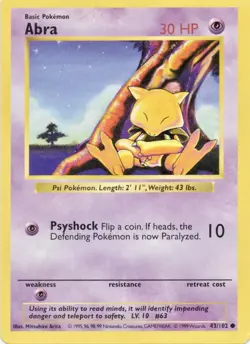 Pokemon Abra 43/102 Base Set (Shadowless) Regular VLP Card - Image 1