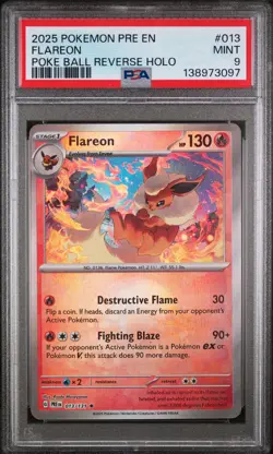 2025 POKEMON PRE EN-PRISMATIC EVOLUTIONS POKE BALL REVERSE HOLO FLAREON PSA 9 - Image 1