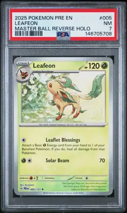 2025 POKEMON PRE EN-PRISMATIC EVOLUTIONS MASTER BALL REVERSE HOLO LEAFEON PSA 7 - Image 1