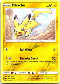 Pikachu 40/147 Common Burning Shadows Pokemon Reverse Holo Near Mint - Image 1