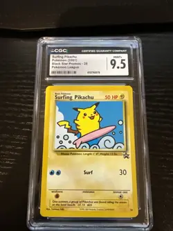 CGC 9.5 MINT+ Surfing Pikachu 28 Pokemon League Black Star Promos Pokemon Card - Image 1