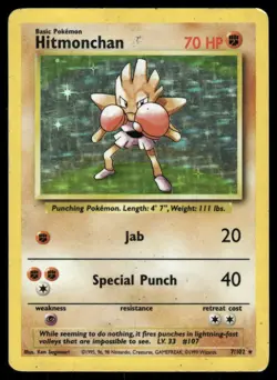Pokemon Cards Hitmonchan 7/102 Base Set Unlimited Holo Rare DMG WEEKLY AUCTIONS - Image 1