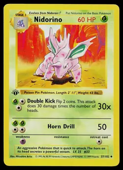 Pokemon Card - Nidorino Base Set (Shadowless) 37/102 Uncommon 1st Edition - Image 1