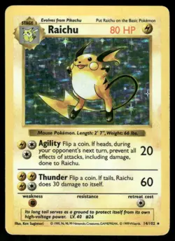 Pokemon Cards Raichu 14/102 Base Set Shadowless Holo Rare MP WEEKLY AUCTIONS - Image 1