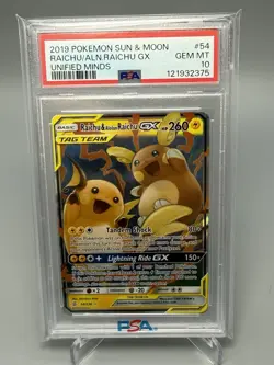 2019 POKEMON SUN & MOON UNIFIED MINDS #54 RAICHU & ALOLAN RAICHU GX PSA 10 - Image 1