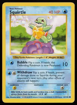 Squirtle 63/102 Unlimited Common Base Set Shadowless Pokemon English HP - Image 1