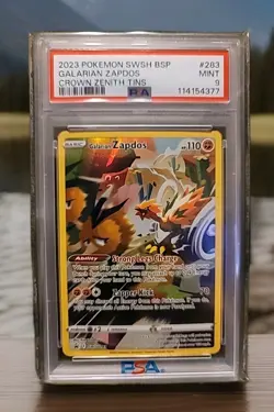 PSA 9 Galarian Zapdos SWSH283 Alt Art Crown Zenith Tin Promo Pokemon Card - Image 1