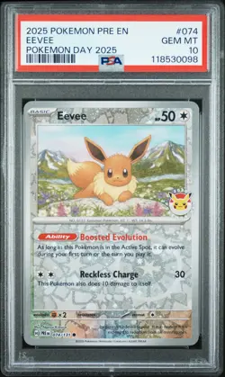 2025 POKEMON PRE EN-PRISMATIC EVOLUTIONS POKEMON DAY 2025 #074 EEVEE PSA 10 - Image 1