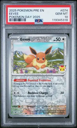 2025 POKEMON PRE EN-PRISMATIC EVOLUTIONS POKEMON DAY 2025 #074 EEVEE PSA 10 - Image 1