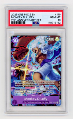 2025 ONE PIECE OP05 119 MONKEY D LUFFY ENGLISH 2ND ANNIVERSARY SET PROMO PSA 10 - Image 1