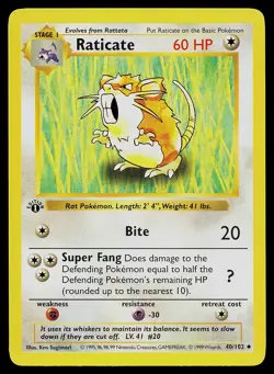 Pokemon Card - Raticate Base Set (Shadowless) 40/102 Uncommon 1st Edition - Image 1