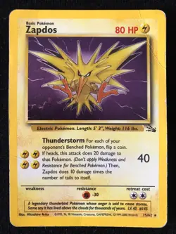 Pokemon TCG Rare Holo Zapdos Fossil 15/62 HP Condition WOTC 4th Print 1999-2000 - Image 1