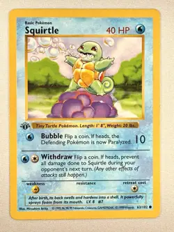 Pokemon TCG Squirtle 63/102 Base Set Shadowless 1st Ed 40 HP Regular Arita - Image 1