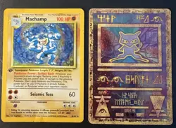 Pokemon 1st edition Machamp Base Set Holo + Ancient Mew Promo HP DMG Creased Lot - Image 1