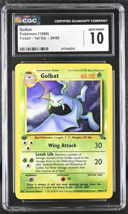 Pokemon Card Golbat 34/62 1st Edition Fossil 1999 CGC 10 GEM MINT - Image 1