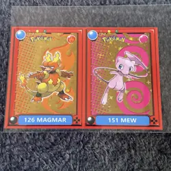 2022 Pokemon Pokedex Mew & Magmar Flash Edition Gold Star Holo Sticker Spanish - Image 1