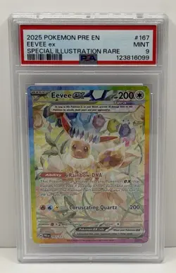 🔥2025 POKEMON PRE EN-PRISMATIC EVOLUTIONS #167/131 EEVEE EX - PSA 9 MINT!🔥 - Image 1