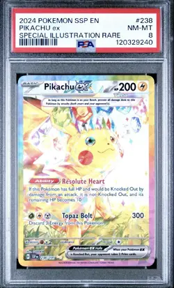 2024 Pokemon Surging Sparks Pikachu ex #238 Special Illustration Rare PSA 8 - Image 1
