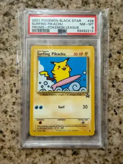 2001 Pokemon Black Star Surfing Pikachu Promo - Pokemon League NM-MT PSA 8 - Image 1