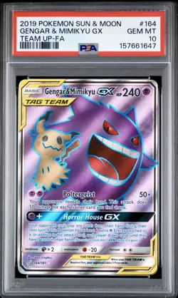 2019 POKEMON SUN & MOON TEAM UP 164 FULL ART/GENGAR & MIMIKYU GX GEM MINT PSA 10 - Image 1