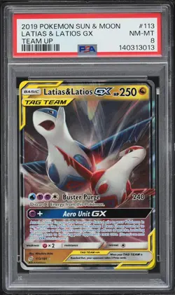 2019 POKEMON SUN & MOON TEAM UP #113 LATIAS & LATIOS GX PSA 8 - Image 1