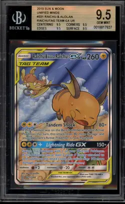 Pokemon Raichu & Alolan Raichu GX Unified Minds Full Art #221 BGS 9.5 - Image 1