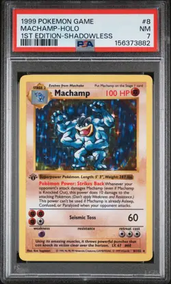 1999 POKEMON BASE SET 1ST EDITION-SHADOWLESS #8 MACHAMP-HOLO PSA 7 - Image 1