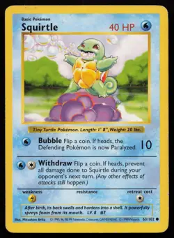 Squirtle 63/102 Unlimited Common Base Set Shadowless Pokemon English MP - Image 1