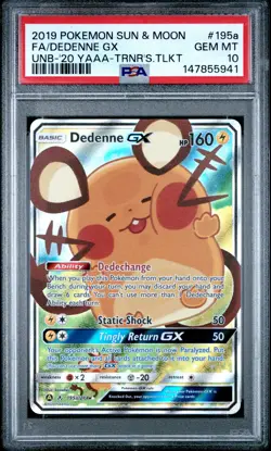 2019 POKEMON SUN & MOON UNBROKEN BONDS #195A FULL ART/DEDENNE GX PSA 10 - Image 1