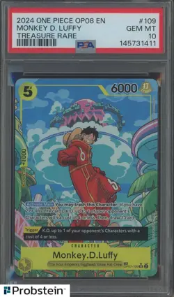 2024 One Piece OP08 EN Monkey D Luffy Treasure Rare #109 PSA 10 GEM MINT - Image 1
