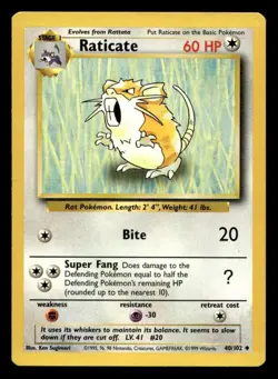 Pokemon Card Base Set Unlimited Raticate 40/102 Uncommon - Image 1