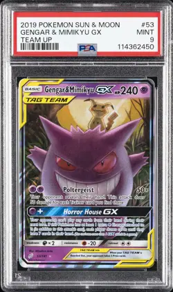 2019 POKEMON SUN & MOON TEAM UP #53 GENGAR & MIMIKYU GX PSA 9 - Image 1