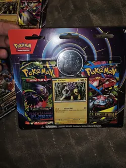 3 Set Pokemon Mega Evolution Raikou Card, Coin & Phantasmal Flame 2-Pack Blister - Image 2