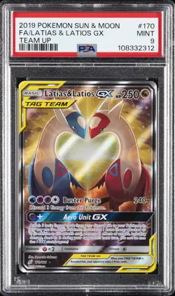 2019 POKEMON SUN & MOON TEAM UP #170 FULL ART/LATIAS & LATIOS GX PSA 9 - Image 1