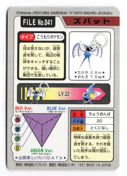 Zubat NO. 041 Bandai Carddass Series 3-4 1997 Japanese Pokemon TCG HP/CREASE - Image 3