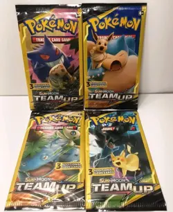 (4x Sealed) Pokemon Sun and Moon Team Up 3 Card Mini Booster Pack - Full Art Set - Image 1