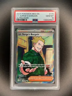 2025 Pokemon Meg EN Lt. Surge’s Bargain Ultra Rare #170 PSA 10 - Image 1